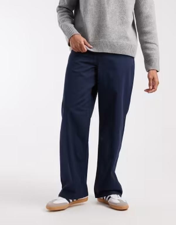 エイソス メンズ ボトムス カジュアルパンツ ASOS DESIGN baggy pants with self tie belt NAVY ネイビー