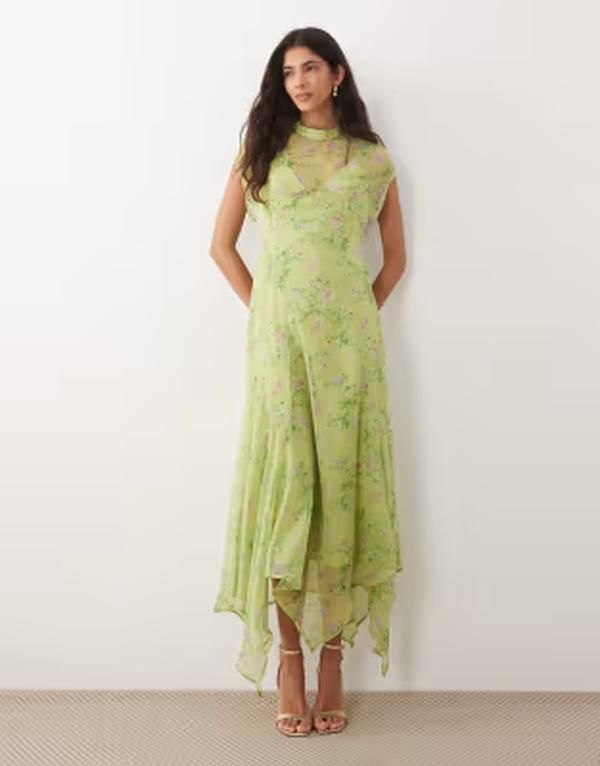 エイソス レディース トップス ワンピース シフォン ハイネック フラワー柄 マキシ フラワー ASOS DESIGN high neck handkerchief hem chiffon maxi