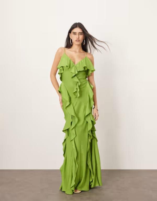 アレンジ レディース トップス ワンピース フリル スカート マキシ ARRANGE ruffle maxi slip dress with biaskirt Green グリーン
