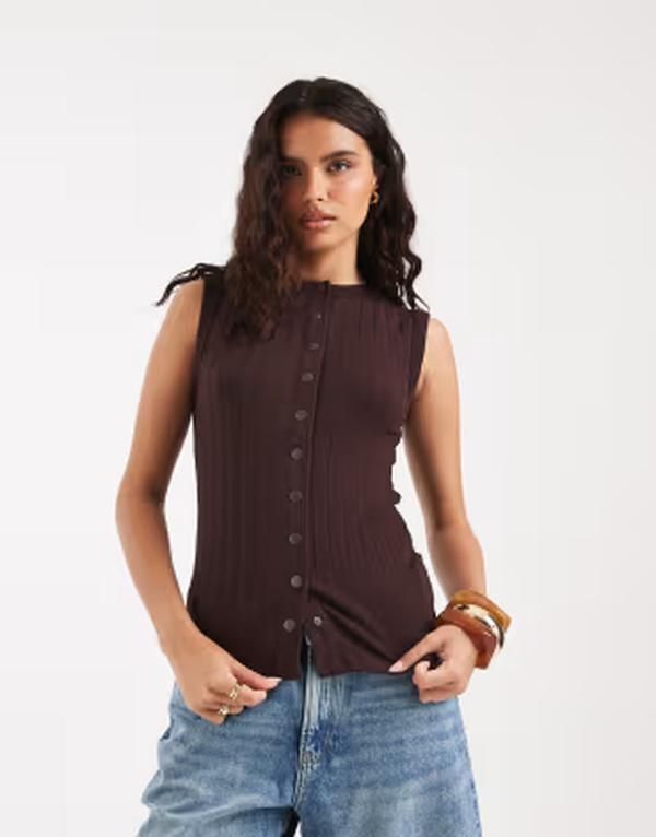 リバーアイランド レディース トップス タンクトップ ボタンダウン River Island button down tank top in dark BROWN ブラウン