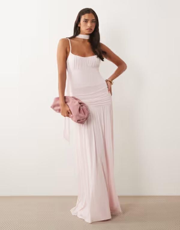 エイソス レディース トップス ワンピース ギャザー メッシュ マキシ ASOS DESIGN mesh ruched bust maxi dress with scarf detail PINK ピ