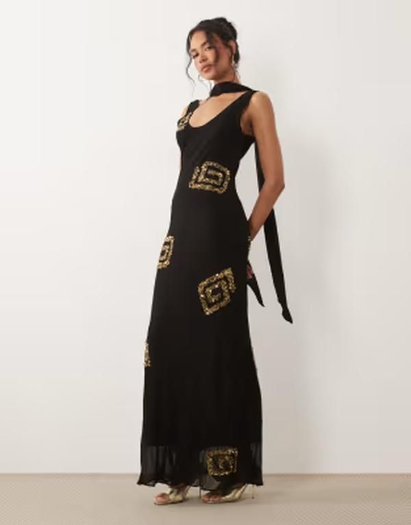 ネバーフリードレスド レディース トップス ワンピースパンコール ノースリーブ マキシ Never Fully Dressed Simona scarf neck sleevelessequin de