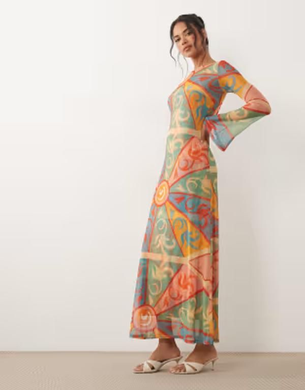 ネバーフリードレスド レディース トップス ワンピース プリント メッシュ マキシ Never Fully Dressed Aria mesh long sleeve maxi dress in ka