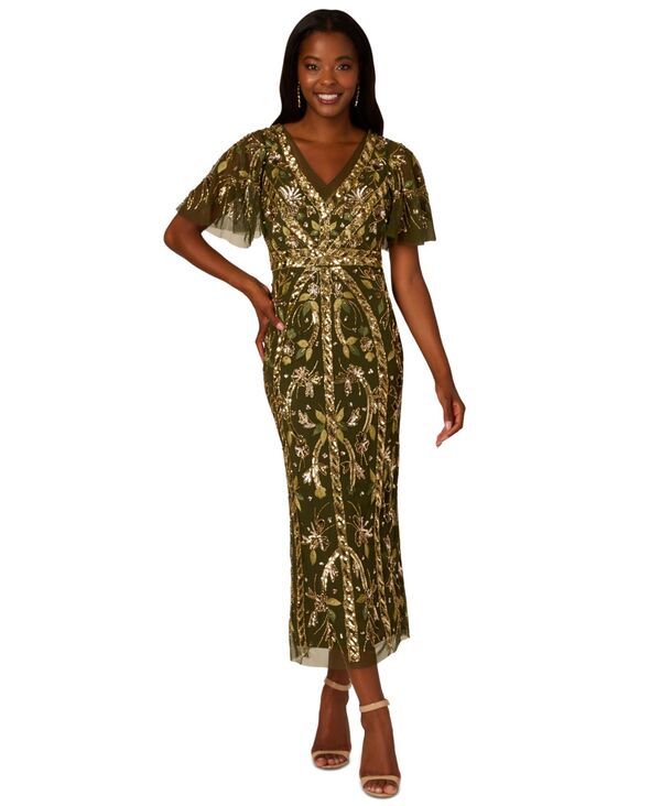 アドリアナ パペル レディース トップス ワンピース Vネック Adrianna Papell Womens VNeck Embellished FlutterSleeve Dress Olive オ