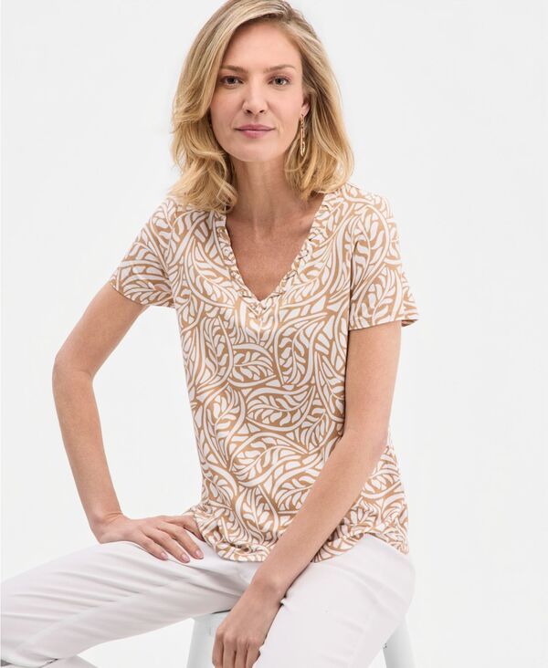 ジェイエムコレクション レディース トップス シャツ Vネック プリント ニット JM Collection Womens Printed Grommet Knit Vneck Top Natural