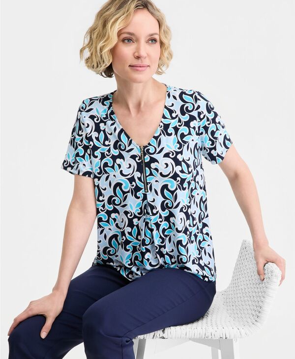 ジェイエムコレクション レディース トップス シャツ Vネック プリント JM Collection Womens Printed Front Zipper VNeck Top Intrepid Bl