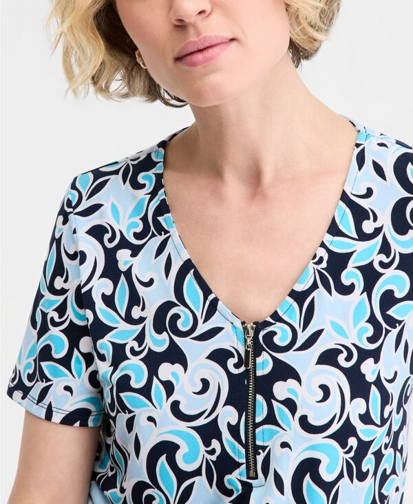 ジェイエムコレクション レディース トップス シャツ Vネック プリント JM Collection Womens Printed Front Zipper VNeck Top Intrepid Bl