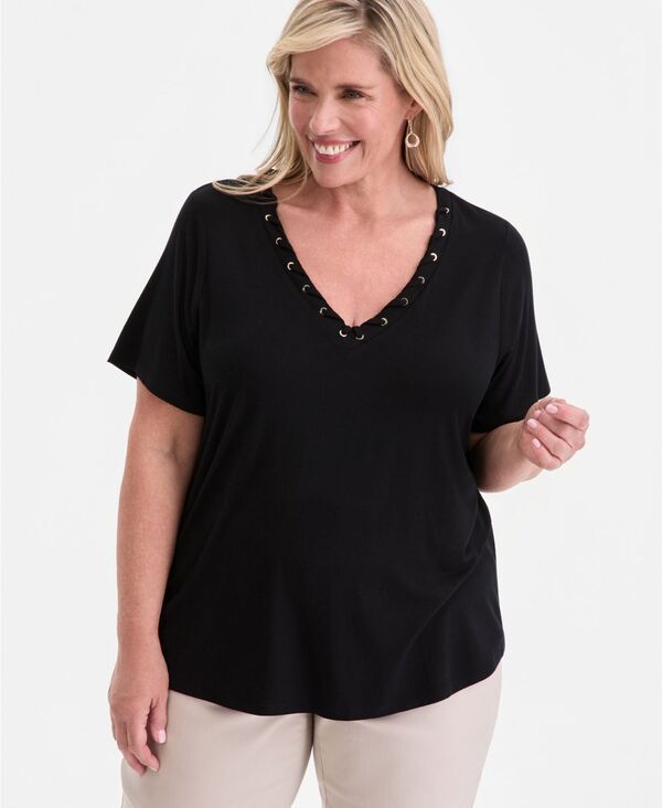 ジェイエムコレクション レディース トップス シャツ Vネック レース JM Collection Womens LacedGrommetTrim VNeck Top Deep Black ブラック
