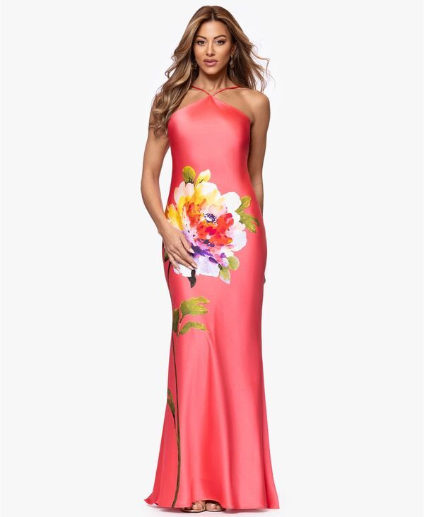 エスケープ レディース トップス ワンピース プリント ホルター XSCAPE Womens Printed Halter Neck Gown Coral Multi コーラル