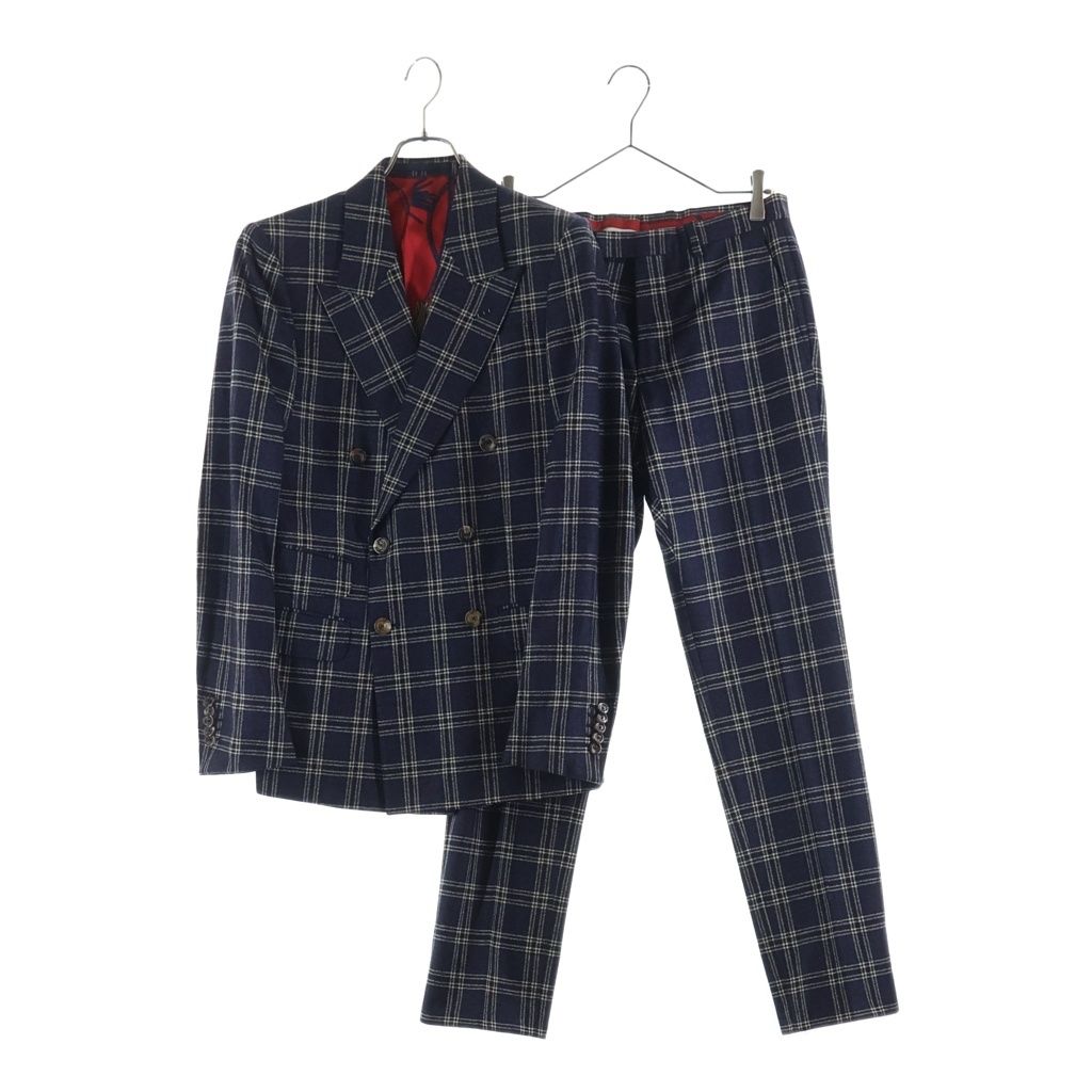 GUCCI グッチ セットアップスーツ チェック総柄 ウール ダブルブレスト テーラードジャケット スラックスパンツ ネイビー 553U12 GUCCI (グッチ) セットアップスーツ チェック総柄 ウール ダブル