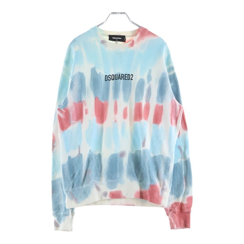 DSQUARED2 (ディースクエアード) 23SS タイダイ染 クルーネック コットン スウェット トレーナー ホワイト/ブルー/レッド S71GU0566 S25539