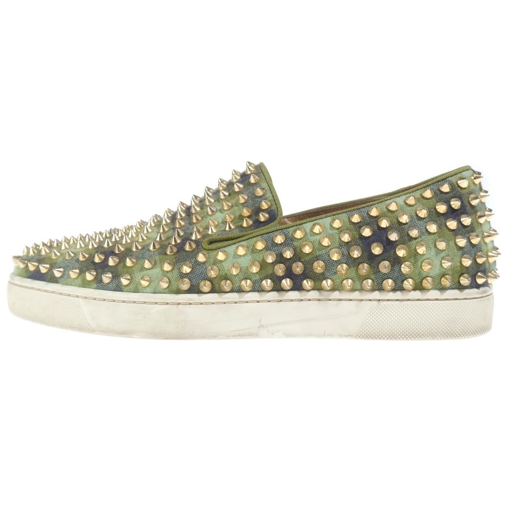 CHRISTIAN LOUBOUTIN (クリスチャンルブタン) スパイクスタッズ チェックファブリック スリッポン ローカット スニーカー グリーン/ゴールド