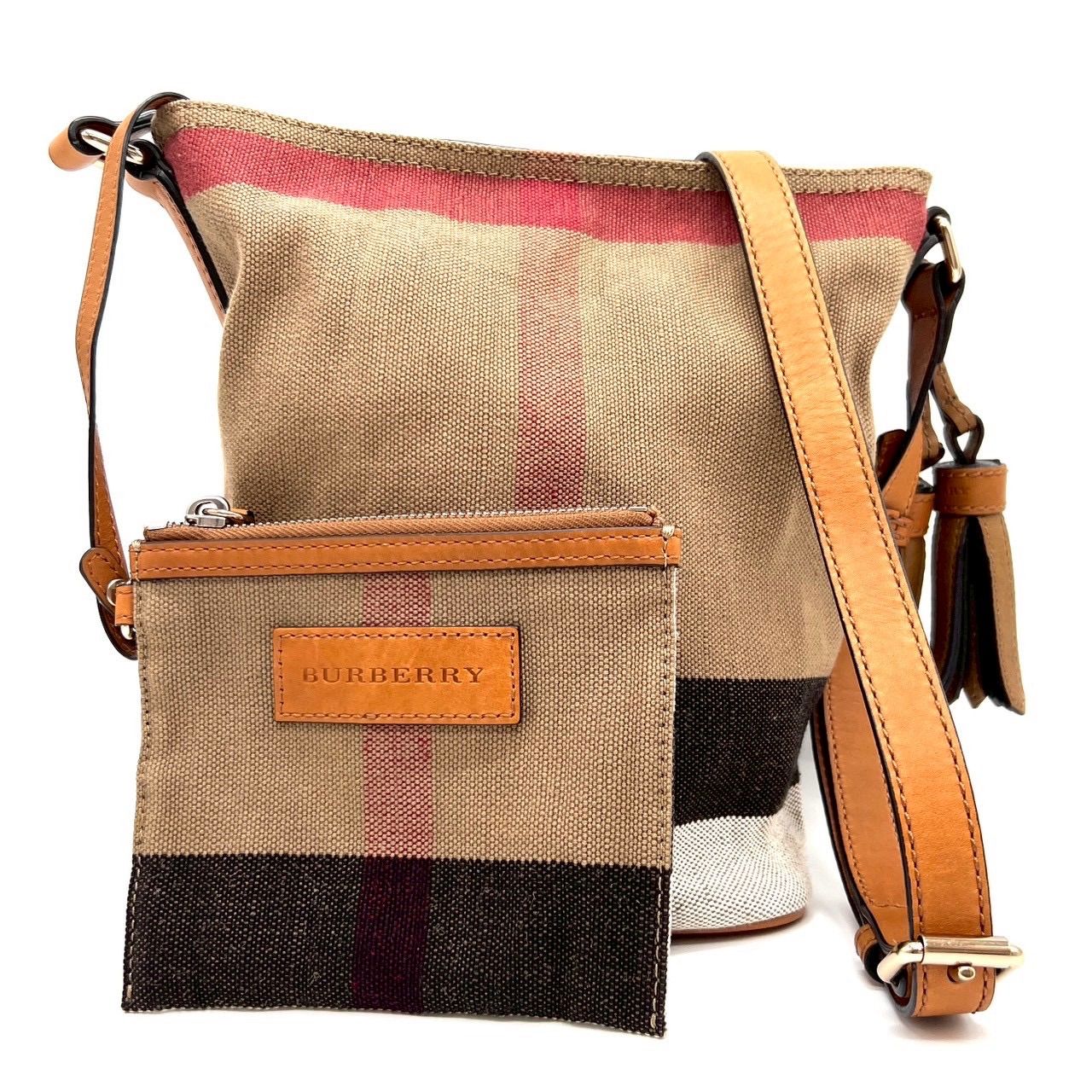 BURBERRY バーバリー アシュビー ショルダーバッグ チェック バケットバッグ タッセル 3982933 ベージュ レザー キャンバス ブラウン レディース 鞄 ギフト プレゼント