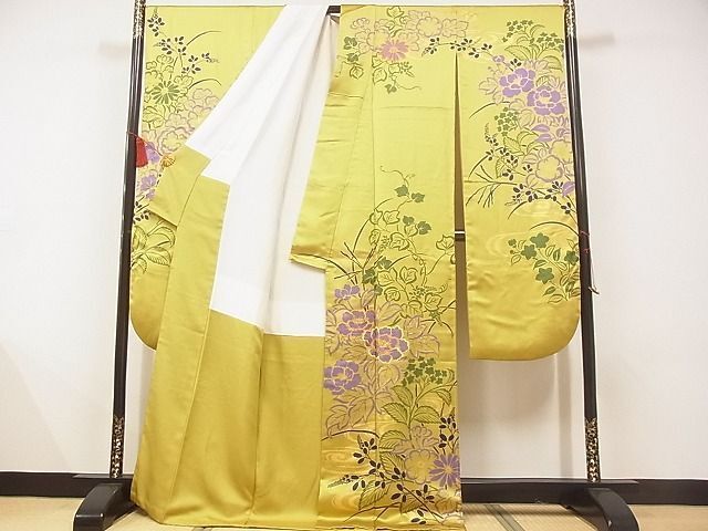 MOH0-0253 豪華振袖 刺繍 草花文 金彩 緑黄色 正絹 逸品 - メルカリ