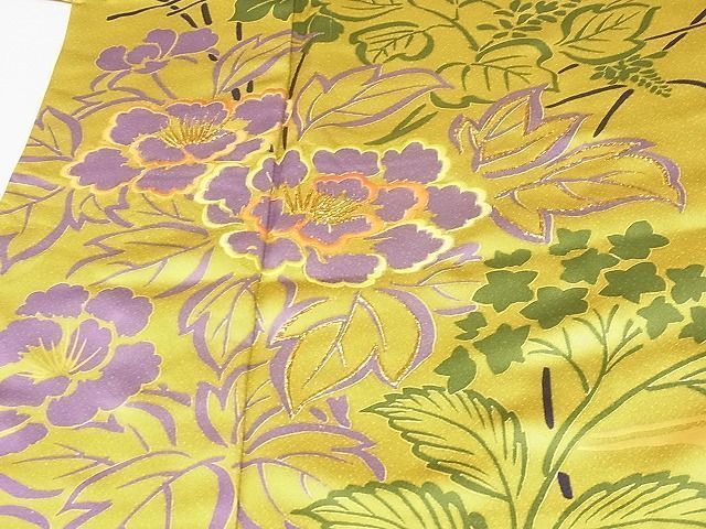 豪華振袖　総刺繍　草花文　金糸　正絹　逸品 MOH0-0253 豪華振袖 刺繍 草花文 金彩 緑黄色 正絹 逸品 - メルカリ