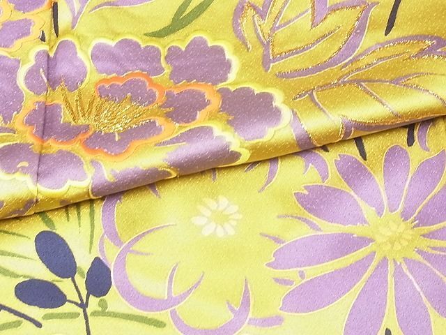 MOH0-0253 豪華振袖 刺繍 草花文 金彩 緑黄色 正絹 逸品 - メルカリ