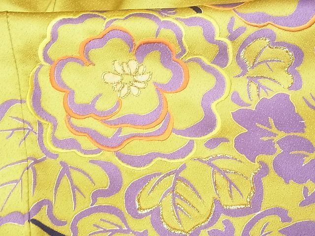 MOH0-0253 豪華振袖 刺繍 草花文 金彩 緑黄色 正絹 逸品 - メルカリ