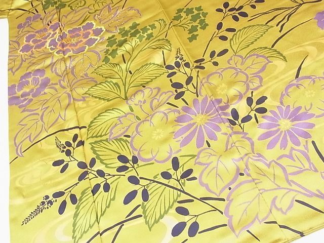 豪華振袖　総刺繍　草花文　金糸　正絹　逸品 MOH0-0253 豪華振袖 刺繍 草花文 金彩 緑黄色 正絹 逸品 - メルカリ