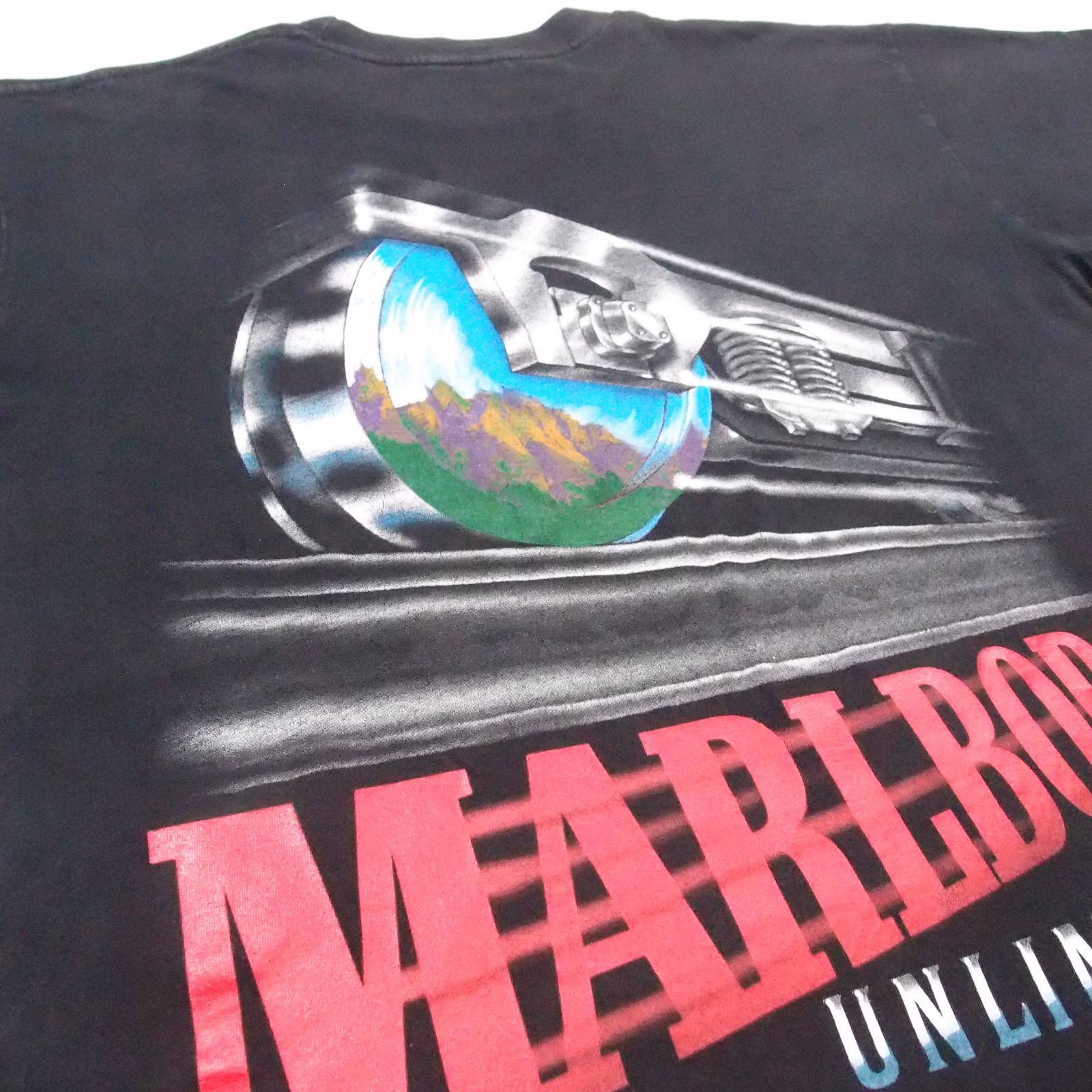 USA製 Marlboro トレイン ビンテージ プリント Tシャツ 黒 ボックスシルエット 企業T 古着 0219