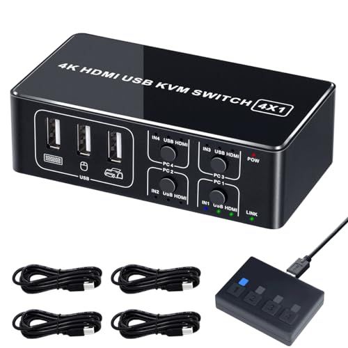 KVMスイッチ 4K60Hz HDMI USB 切替器 PC4台用 4入力1出力 アルミ制 モニター/キーボード/マウス/プリンタを共有 リモート切り替えボダン USBケーブル付き 職場 テレワーク向け EHD-0610NJu