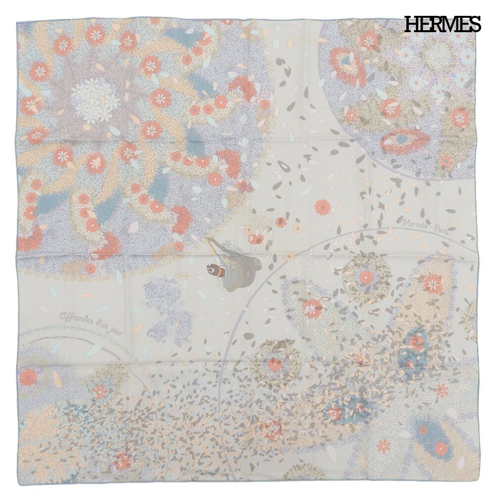 超美品 エルメス HERMES カレ90 シルク スカーフ 花の捧げもの OFFRANDES DUN JOUR マルチカラー