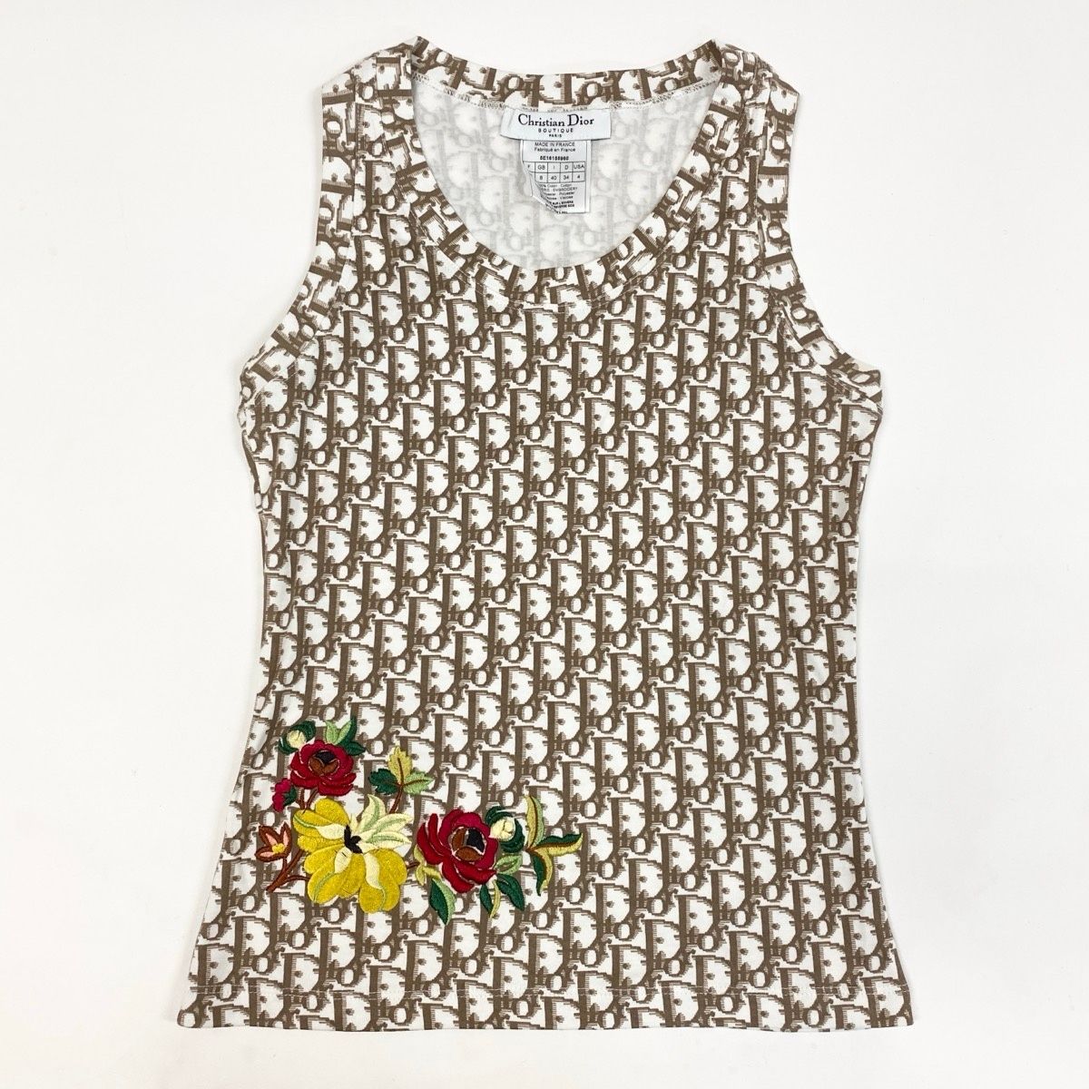 g11 Christian Dior ノースリーブカットソー タンクトップ トロッター 花刺繍 フランス製 5E1655960 40サイズ ホワイト ブラウン コットン100％ レディース 女性用u02t