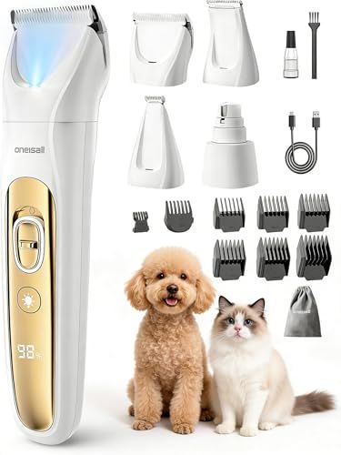 【柔らい毛品種対応】Oneisall Pro 4in1 犬 バリカン プロ用 全身カット対応/LEDライト付き トリミングの精密性UP/爪?体?顔周り?お尻周り?足裹/低騒音 小型犬?大型犬?老犬?猫 電動爪研磨器対応 FC10mt