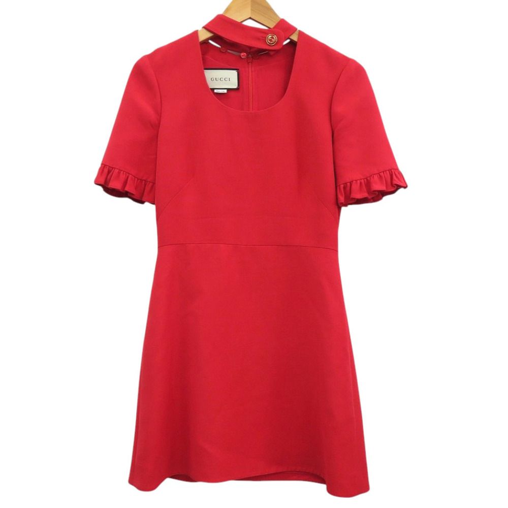 美品 グッチ 631481 シルク ウール レッド サイズ40 半袖 ミニ ワンピース 赤 1649 GUCCI