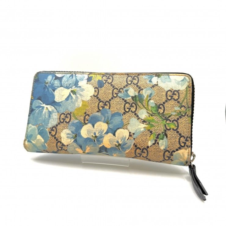 GUCCI（グッチ）GGブルームス GGスプリーム フローラル ラウンドファスナー長財布 ベージュ ブルー PVC レザー レディース 【中古】