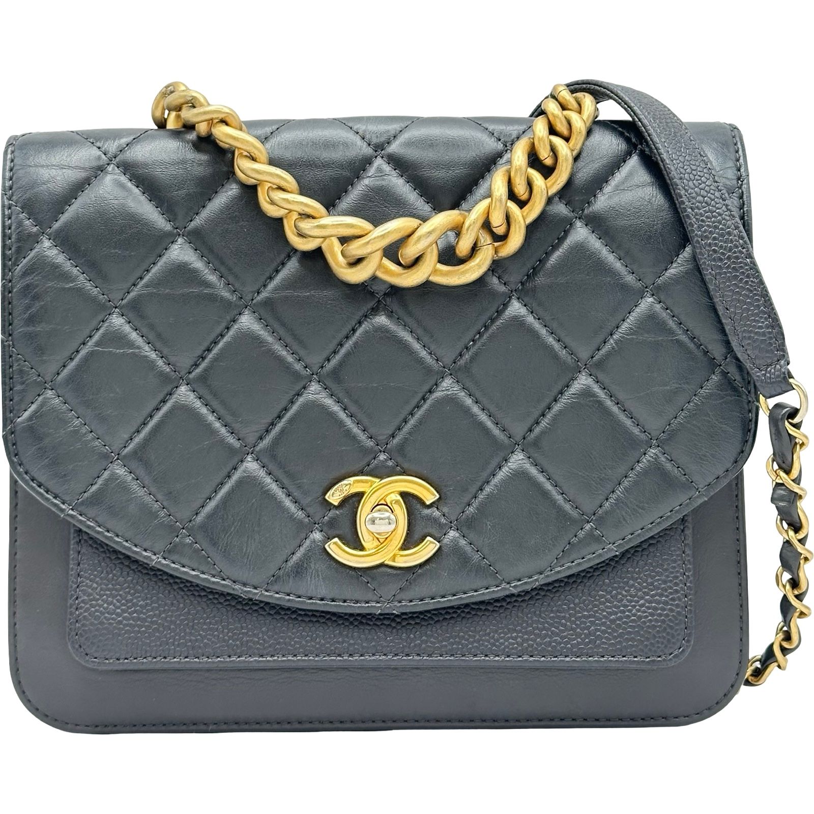 シャネル CHANEL ココマークトリコマテリアルチェーンショルダー AS0785 28番台 ネイビー ゴールド金具 キャビアスキン/カーフスキン レディース ショルダーバッグ