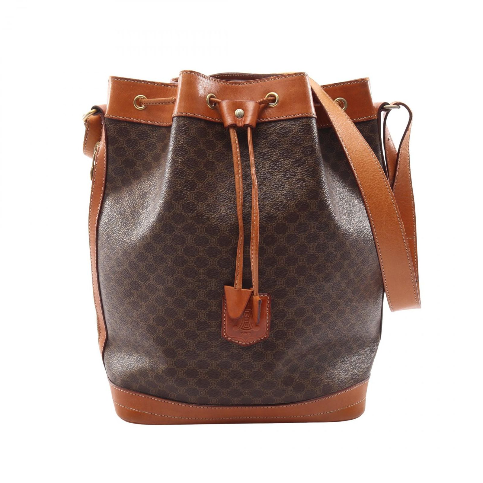 セリーヌ CELINE ショルダーバッグ マカダム 巾着 ベージュ/ブラウン PVCコーティングキャンバス レザー マカダム ショルダーバッグ レディース Used B