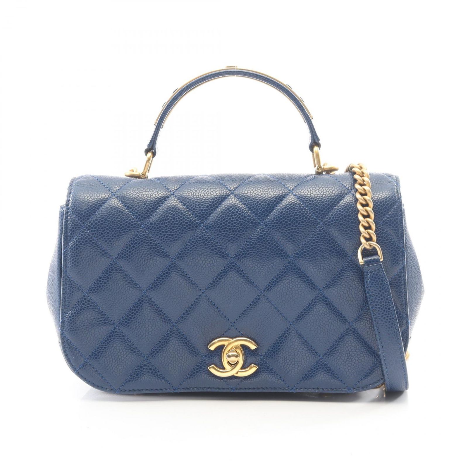 シャネル CHANEL ショルダーバッグ マトラッセ トップハンドル 2WAY ブルー キャビアスキン(グレインドカーフ) マトラッセ トップハンドル 2wayチェーンショルダ-