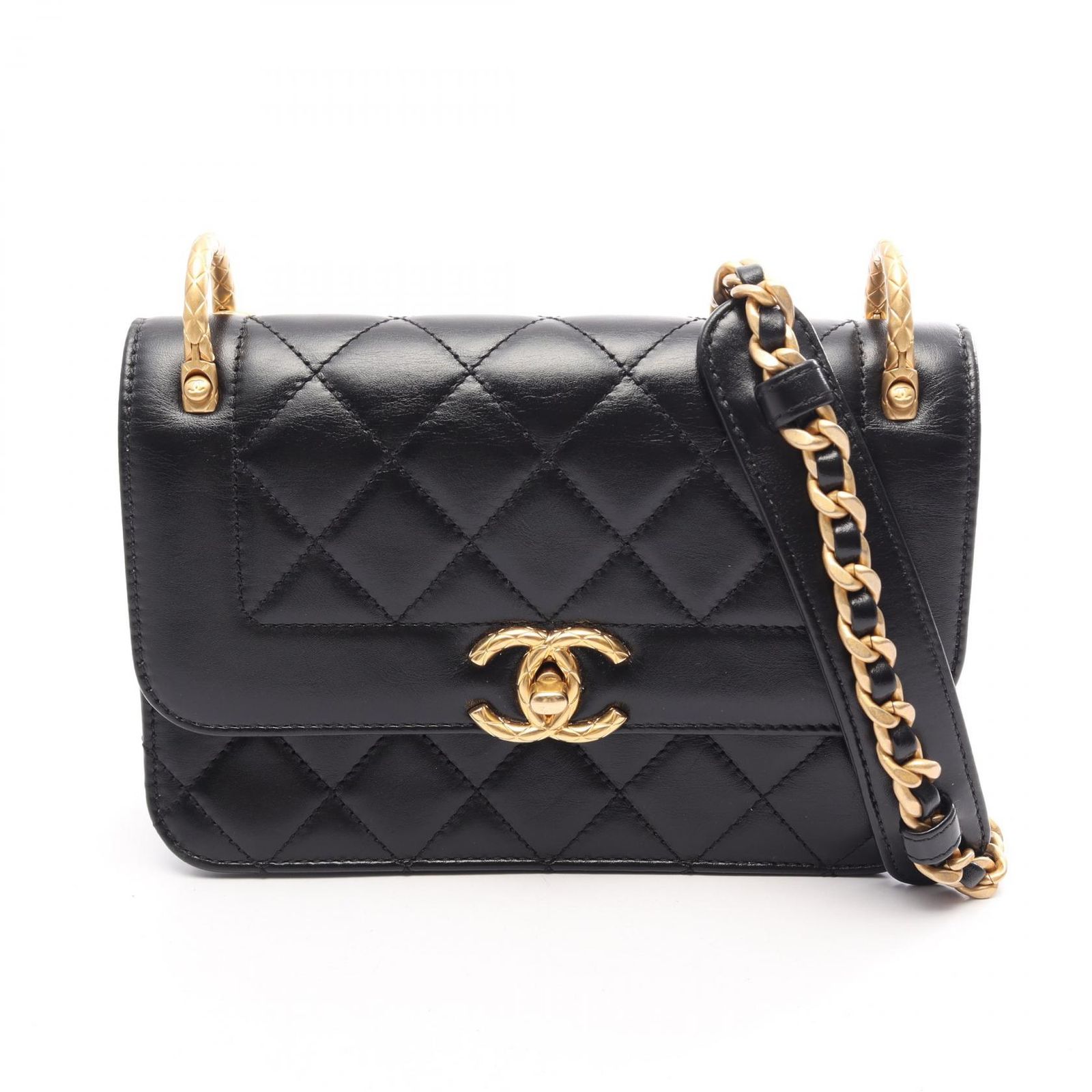 シャネル CHANEL ショルダーバッグ マトラッセ スモールフラップ ブラック レザー マトラッセ スモールフラップ チェーンショルダー レディース Used A