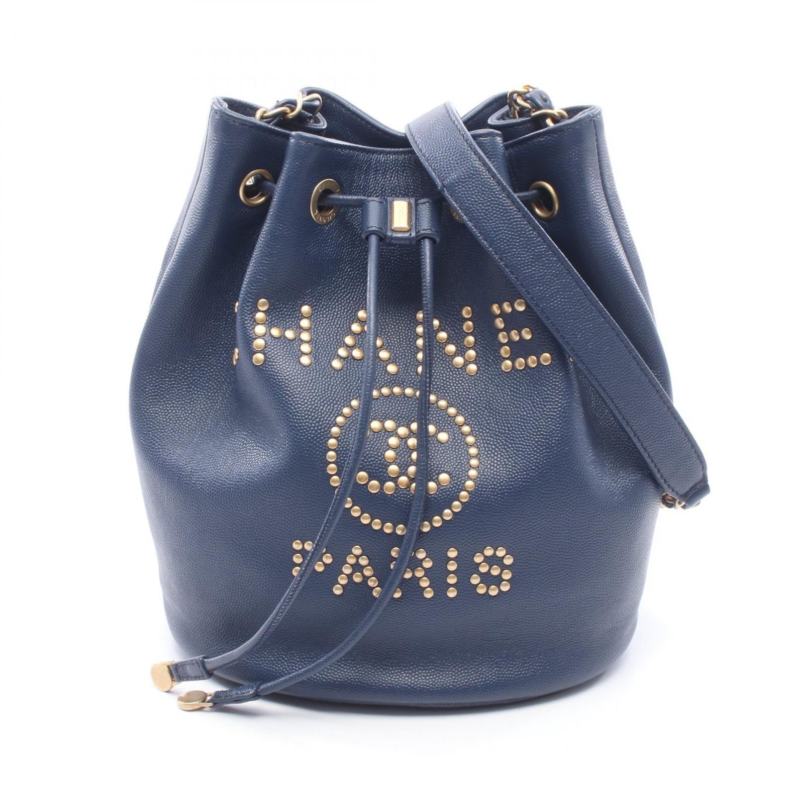 シャネル CHANEL ショルダーバッグ ドーヴィル ネイビー レザー ドーヴィル ロゴスタッズ ドローストリング バケットバッグ レディース Used A
