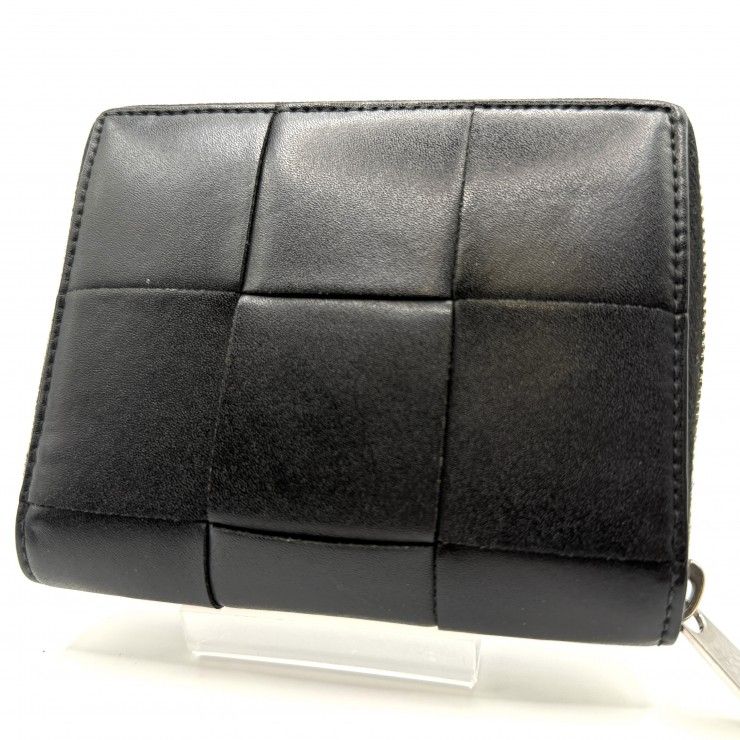 BOTTEGA VENETA（ボッテガ・ヴェネタ）マキシイントレチャート カセット ラウンドファスナー二つ折り財布 コンパクトウォレット ブラック レザー シルバー金具 メンズ レディース【中古】