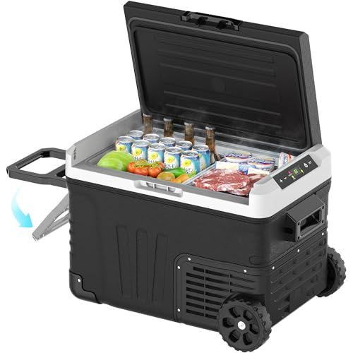 EUHOMY 車載冷蔵庫 35L ポータブル冷蔵庫 蓋の向き変更可能 水抜き栓付き 「ハンドルとキャスター付きで持ち運びやすい」 バスケット・仕切り板付き -20℃?20℃ 急速冷凍 コンプレッサー式 LED庫内灯 MAX/ECOモード 3WAY電源対応 AC