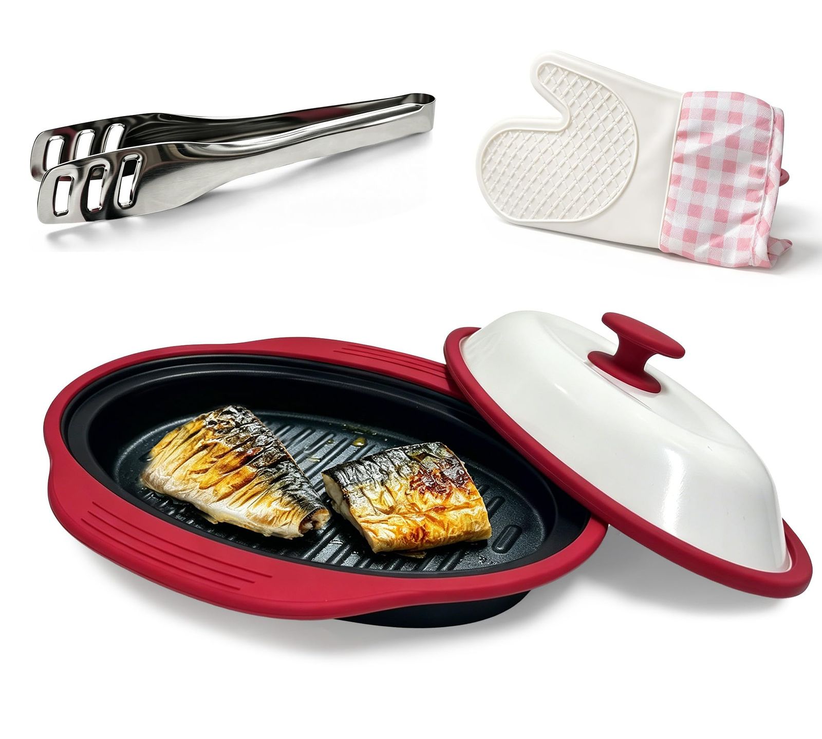 【3点セット】電子レンジ調理器具 レンジで焼き魚 レンジで焼肉 一台多役で 大容量 無煙・無火 焼き目がつく 安全に調理 お手入れ簡単 耐熱手袋で トング 日本語取り扱い説明書付き 6,031円