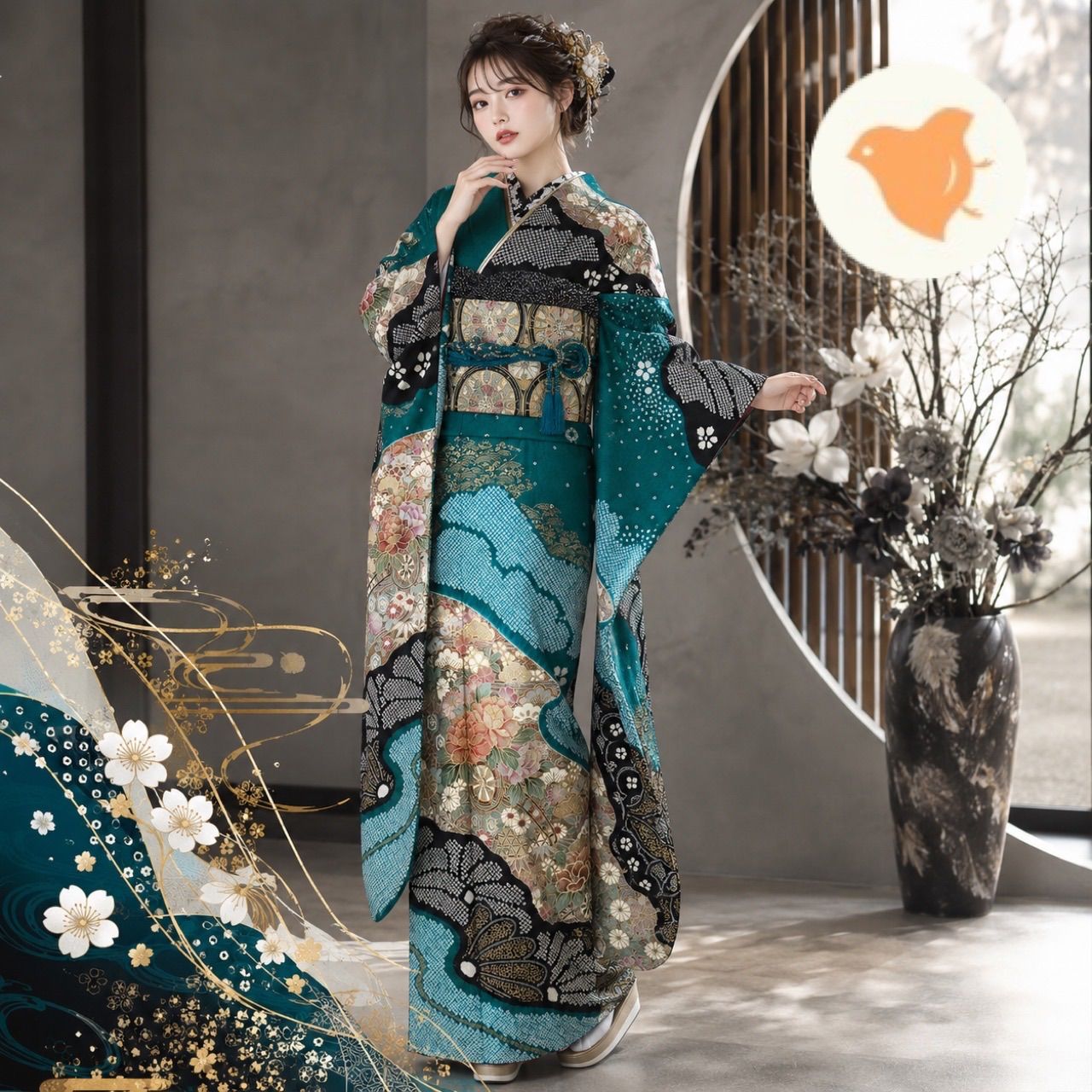 振袖セット リサイクル 成人式 正絹 青緑色 花車文様 5点セット 身丈 159.2cm 裄 65.6cm ランクS 【S007】