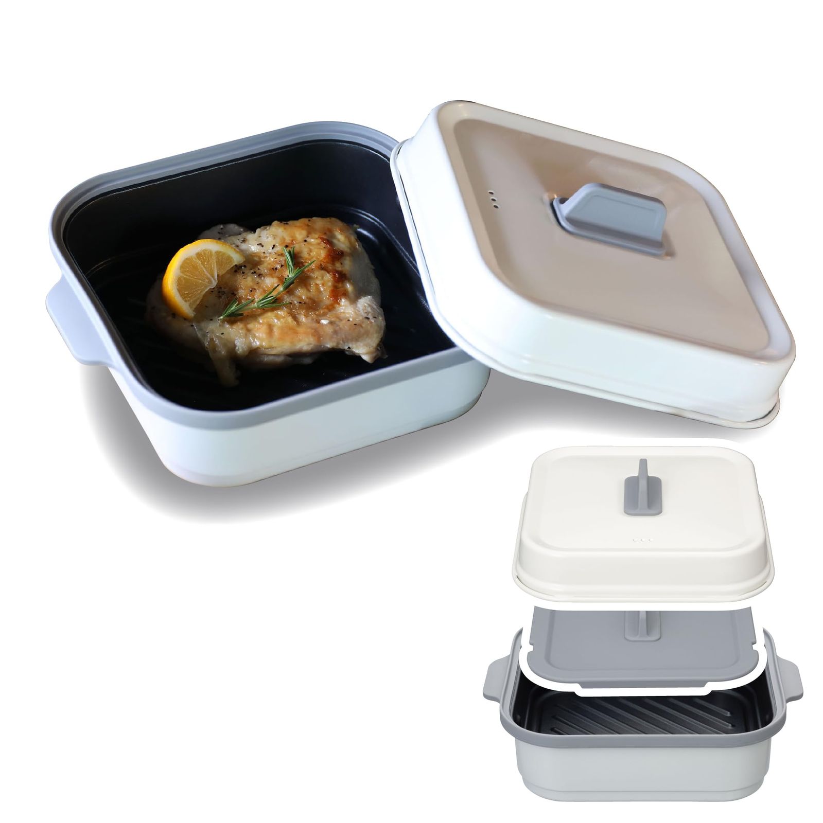 シービージャパン 電子レンジ調理器具 両面焼き 内フタ付き 深型タイプ 電子レンジで焼き目が付けられる [炒める/茹でる/焼く/煮る/蒸す/炊く]がこれ1つ 食器洗浄機対応 レシピ付き レンジグリル角型両面焼き copan