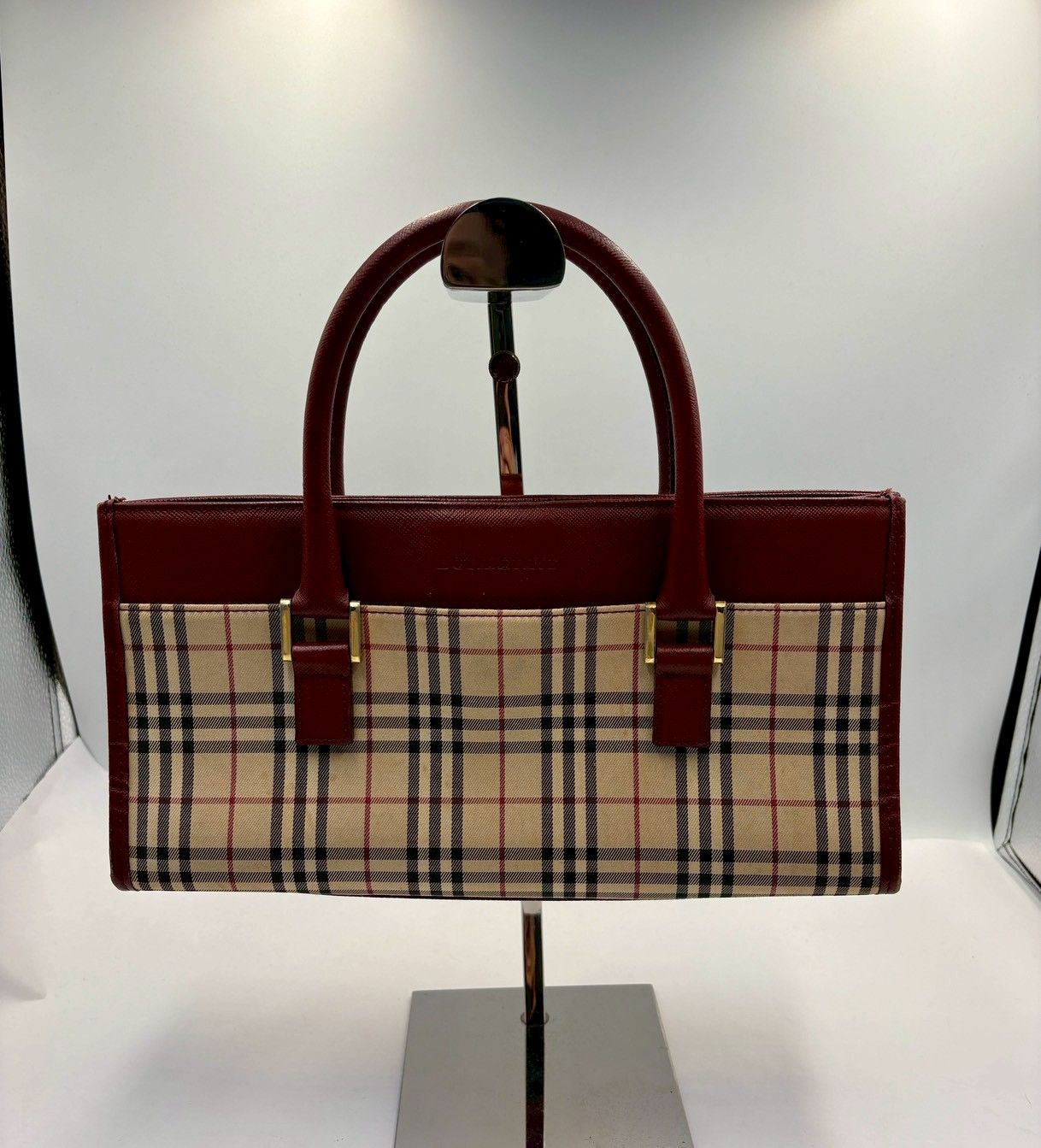 ⑥BURBERRY（バーバリー）ハンドバッグ ノバチェック × ボルドーレザー ヴィンテージ キャンバス ワインレッド ブランドかばん ☆67