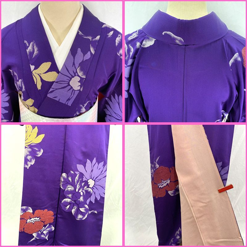 607af4△アンティーク着物 菊 椿 花 カジュアル 紫 大正ロマン 昭和