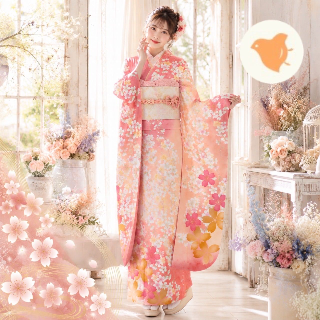 振袖セット リサイクル 成人式 正絹 ピンク色 桜文様 5点セット 身丈 169cm 裄 66.6cm ランクS 【S009】