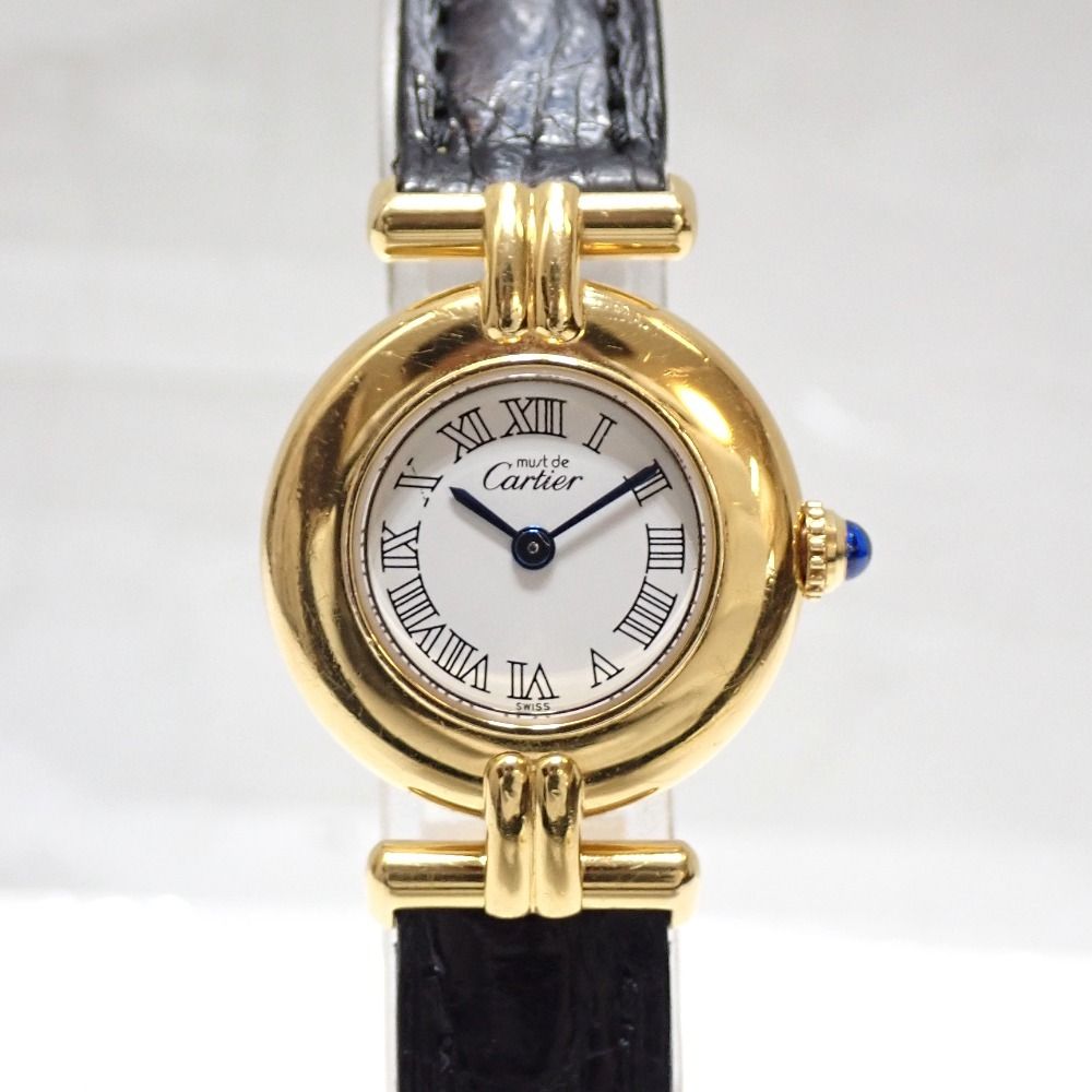 Th701511 カルティエ 腕時計 マストコリゼ SV925 革ベルト クォーツ ホワイト文字盤 CARTIER 中古