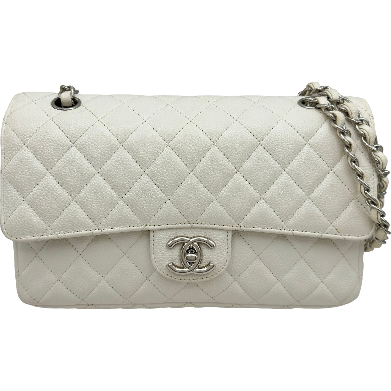 シャネル CHANEL マトラッセ25 A01112 12番台 ホワイト シルバー金具 キャビアスキン レディース ショルダーバッグ