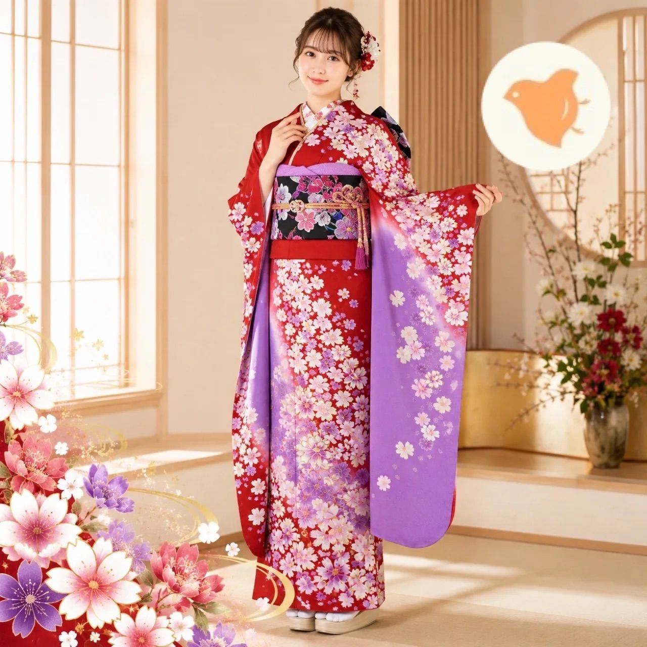 振袖セット リサイクル 成人式 正絹 ピンク色 桜文様 5点セット 身丈