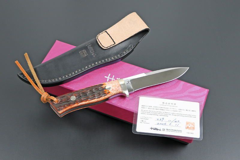 アウトドアナイフ 日本製 Hattori 傘 Gecko HT-05 ジグドボーンハンドル/白・茶スペイサー シリアルナンバー入り ハンティングナイフ ドロップポイント キャンプナイフ ツールナイフ