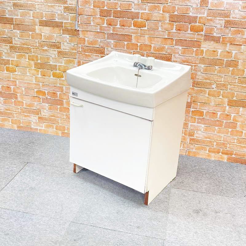 【中古品】 INAX 陶器製 ☆2ハンドル水栓付き☆2枚扉タイプ 手洗台 洗面化粧台 「幅60cm 600mm」 12G