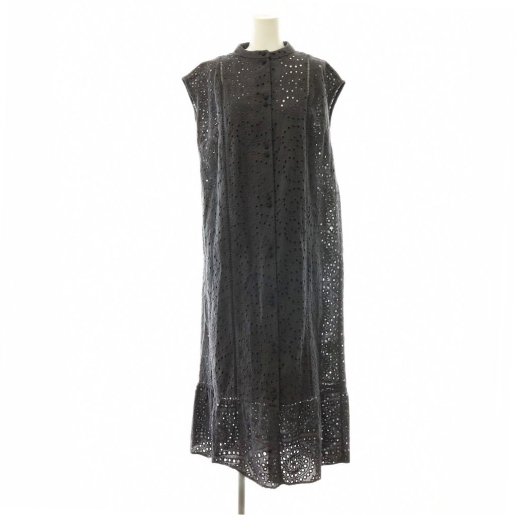 アメリヴィンテージ Ameri VINTAGE EYELET LACE SHIRT DRESS ワンピース レース カットワーク バンドカラー ロング S グレー/CX ■OS