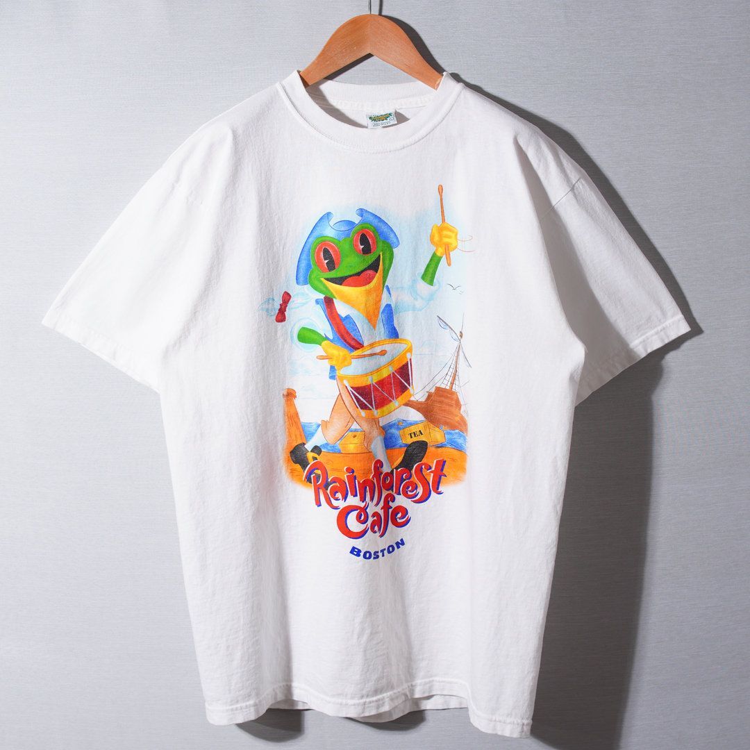 あおぞらカフェ 90s  バイエルン Tシャツ 90s USA製 レインフォレスト カフェ Tシャツ L ホワイト ヴィンテージ