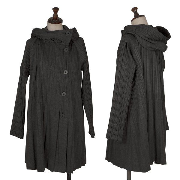 プリーツプリーズPLEATS PLEASE ポリコットン消しプリーツフーデッドショートコート チャコール3